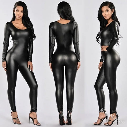 Sexy Black Patent Leather Jumpsuit for Women – Long Sleeve Bodysuit